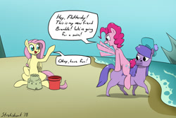 Size: 1630x1091 | Tagged: safe, artist:strebiskunk, imported from derpibooru, fluttershy, pinkie pie, earth pony, kelpie, pegasus, pony, andrea libman, beach, bramble (duck tales), bramble (ducktales), comic, crossover, dialogue, duck tales, duck tales 2017, ducktales, ducktales 2017, female, funny, mare, ponies riding ponies, riding, sand castle, sandcastle, seaside, speech bubble, text, this will end in death, this will end in drowning, this will end in friendship, this will end in pinkie antics, this will end in tears, this will end well, this will not end well, trio, voice actor joke, wings