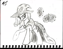 Size: 2020x1579 | Tagged: safe, artist:brekrofmadness, imported from derpibooru, trixie, pony, card, female, magic, monochrome, playing card, solo, traditional art