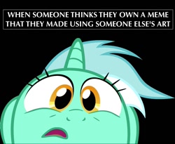 Size: 1080x887 | Tagged: safe, artist:acer-rubrum, edit, imported from derpibooru, lyra heartstrings, pony, unicorn, black background, bust, female, gasp, image macro, looking at you, mare, meme, simple background, solo, stealing, text, vector