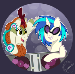 Size: 2686x2634 | Tagged: safe, artist:redpalette, imported from derpibooru, autumn blaze, dj pon-3, vinyl scratch, kirin, pony, unicorn, sounds of silence, cute