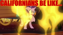 Size: 1280x720 | Tagged: safe, edit, edited screencap, editor:useraccount, imported from derpibooru, screencap, starlight glimmer, pony, unicorn, road to friendship, california, californian wild fire, edgy, female, fire, fire swamp, flame geyser, image macro, mare, meme, op is a duck, open mouth, rearing, scared, solo, text, too soon, wagon, we are going to hell