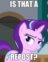 Size: 1080x1393 | Tagged: safe, edit, edited screencap, editor:apex soundwave, imported from derpibooru, screencap, starlight glimmer, pony, unicorn, the parent map, caption, cropped, female, image macro, impact font, mare, meme, reaction image, solo, starlight glimmer is not amused, starlight is not amused, text, unamused