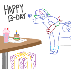 Size: 717x698 | Tagged: safe, artist:pieburgerhorse, artist:sceg, imported from derpibooru, oc, oc only, oc:felicity stars, pegasus, pony, bands, birthday, burger, female, food, hat, mare, milkshake, party hat, present, table