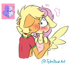 Size: 890x806 | Tagged: safe, artist:tylerdashart, imported from derpibooru, applejack, fluttershy, anthro, earth pony, pegasus, appleshy, blushing, clothes, eyes closed, female, freckles, kissing, lesbian, shipping, shirt, simple background, tanktop, white background