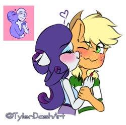 Size: 710x707 | Tagged: safe, artist:tylerdashart, imported from derpibooru, applejack, rarity, anthro, earth pony, unicorn, :3, blushing, cheek kiss, clothes, cute, equestria girls outfit, eyes closed, female, freckles, hat, heart, jackabetes, kiss on the cheek, kissing, lesbian, love, raribetes, rarijack, shipping, shirt, simple background, smiling, white background