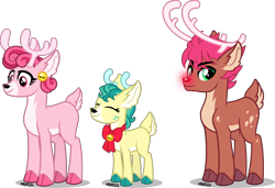 Size: 5000x3423 | Tagged: safe, artist:orin331, imported from derpibooru, alice the reindeer, bori the reindeer, deer, reindeer, best gift ever, alternate design, bow, cloven hooves, colored hooves, doe, ear piercing, earring, eyes closed, female, glowing nose, jewelry, male, piercing, redesign, rudolph the red nosed reindeer, simple background, smiling, stag, transparent background, trio