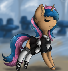 Size: 989x1041 | Tagged: safe, artist:deraniel, imported from derpibooru, oc, oc only, oc:sadistic smile, pony, unicorn, blurred background, blurry background, clothes, commission, digital art, ear fluff, eyes closed, female, maid, maid headdress, mare, multicolored hair, multicolored mane, multicolored tail, solo, ych result