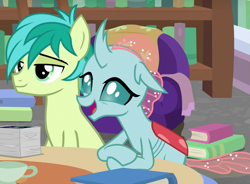 Size: 861x632 | Tagged: safe, imported from derpibooru, screencap, ocellus, sandbar, changedling, changeling, earth pony, pony, what lies beneath, book, bookshelf, cropped, cute, diaocelles, male, smiling, teenager