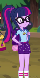 Size: 300x571 | Tagged: safe, imported from derpibooru, screencap, sci-twi, twilight sparkle, equestria girls, legend of everfree, camp everfree outfits, clothes, cropped, female, glasses, ponytail, shorts, socks, solo