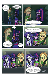 Size: 2650x4096 | Tagged: safe, artist:verumteednp, deleted from derpibooru, imported from derpibooru, applejack, rarity, sci-twi, spike, spike the regular dog, twilight sparkle, dog, comic:sparkling shimmer, equestria girls, chapter 2, clothes, dialogue, seatbelt, speech bubble