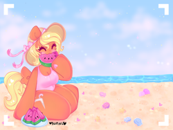 Size: 4000x3000 | Tagged: safe, artist:bunxl, imported from derpibooru, oc, oc only, anthro, pegasus, unguligrade anthro, anthro oc, arm hooves, beach, breasts, cleavage, clothes, eating, eyes closed, female, food, herbivore, one-piece swimsuit, solo, swimsuit, watermelon