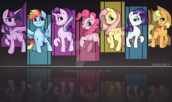 Size: 1280x756 | Tagged: safe, artist:theprince, imported from derpibooru, applejack, fluttershy, pinkie pie, rainbow dash, rarity, starlight glimmer, twilight sparkle, alicorn, pony, butt, female, mane six, mare, obtrusive watermark, plot, smiling, twilight sparkle (alicorn), watermark