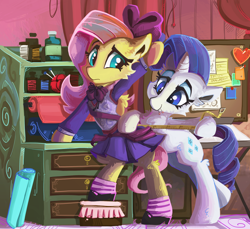 Size: 1600x1465 | Tagged: safe, artist:saxopi, imported from derpibooru, fluttershy, rarity, pegasus, pony, unicorn, carousel boutique, clothes, dressing, duo, female, mare, measuring tape