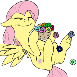 Size: 800x800 | Tagged: safe, artist:bennimarru, imported from derpibooru, fluttershy, pony, basket, eyes closed, female, flat colors, flower, flying, frog (hoof), simple background, smiling, solo, transparent background, underhoof