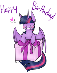 Size: 486x626 | Tagged: safe, artist:yourbestnightmaree, imported from derpibooru, twilight sparkle, alicorn, pony, birthday, blushing, eyes closed, female, grin, happy birthday, heart, mare, present, signature, simple background, smiling, solo, spread wings, twilight sparkle (alicorn), white background, wings