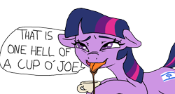 Size: 1221x653 | Tagged: safe, artist:paintanon, imported from derpibooru, twilight sparkle, pony, coffee, dialogue, earth pony twilight, female, israel, solo