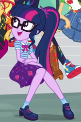 Size: 293x439 | Tagged: safe, imported from derpibooru, screencap, applejack, rainbow dash, sci-twi, sunset shimmer, twilight sparkle, equestria girls, equestria girls series, forgotten friendship, clothes, converse, female, geode of telekinesis, glasses, legs, magical geodes, offscreen character, open mouth, ponytail, shoes, skirt, smiling, talking