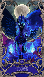 Size: 822x1425 | Tagged: safe, artist:sourcherry, derpibooru exclusive, imported from derpibooru, nightmare moon, pony, armor, blue fire, ethereal mane, female, fire, full moon, horn, hybrid wings, looking at you, major arcana, modern art, moon, nouveau, open mouth, slit eyes, slit pupils, solo, spread wings, starry mane, tarot, tarot card, wings