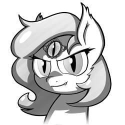 Size: 3000x3000 | Tagged: safe, artist:petirep, imported from derpibooru, oc, oc only, bat pony, pony, buck legacy, card art, fangs, female, gem, grayscale, jewel, jewelry, looking at you, mare, monochrome, simple background, slit eyes, slit pupils, solo, transparent background