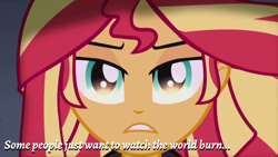 Size: 1920x1080 | Tagged: safe, edit, edited screencap, editor:apex soundwave, imported from derpibooru, screencap, sunset shimmer, human, equestria girls, my past is not today, close-up, evil, female, image macro, implied death, solo, text, the dark knight