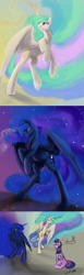 Size: 591x1920 | Tagged: source needed, safe, artist:silfoe, imported from derpibooru, princess celestia, princess luna, twilight sparkle, alicorn, pony, cute, ethereal mane, female, funny, majestic, mare, missing accessory, show off, starry mane, tongue out, twilight sparkle (alicorn)