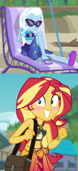 Size: 956x2100 | Tagged: safe, artist:themexicanpunisher, imported from derpibooru, sunset shimmer, trixie, equestria girls, equestria girls series, forgotten friendship, beach chair, chair, clothes, female, geode of empathy, lesbian, magical geodes, shipping, shipping domino, sunglasses, suntrix, swimsuit