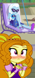 Size: 948x2100 | Tagged: safe, artist:themexicanpunisher, imported from derpibooru, adagio dazzle, trixie, equestria girls, equestria girls series, forgotten friendship, rainbow rocks, beach chair, belly button, chair, clothes, female, lesbian, shipping, shipping domino, swimsuit, triagio