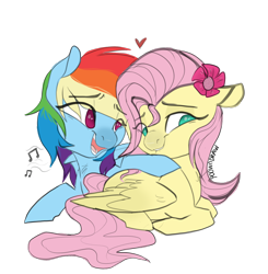 Size: 1600x1632 | Tagged: safe, artist:poowndraww, imported from derpibooru, fluttershy, rainbow dash, pegasus, pony, blushing, embarrassed, female, flower, flower in hair, flutterdash, heart, lesbian, looking away, mare, music notes, prone, shipping, simple background, singing, smiling, transparent background, wings