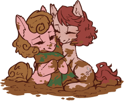 Size: 3009x2467 | Tagged: safe, artist:taytinabelle, imported from derpibooru, oc, oc only, oc:harmony hugs, oc:mud puddle, earth pony, pony, brown hair, clothes, comfy, cute, cutie mark, female, hug, mare, mud, red hair, scarf, secret santa, smiling, wet and messy