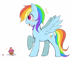 Size: 3382x2850 | Tagged: safe, artist:hosikawa, imported from derpibooru, rainbow dash, pegasus, pony, blushing, cupcake, emanata, female, food, mare, rainbow and cupcakes, raised hoof, simple background, solo, tongue out, white background