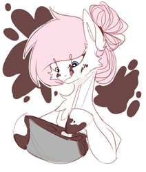 Size: 856x1010 | Tagged: safe, artist:teapup, imported from derpibooru, oc, oc only, oc:teddy bear, pony, baking, baking cake, bowl, bun, cake, chocolate, cooking, cute, food, hairstyle, licking, licking lips, mixing, solo, tongue out