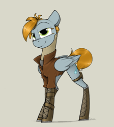 Size: 952x1061 | Tagged: safe, artist:sinrar, imported from derpibooru, oc, oc only, oc:comet trail, pegasus, pony, boots, clothes, folded wings, shoes, simple background, solo, wings