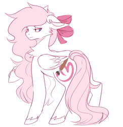 Size: 902x928 | Tagged: safe, artist:teapup, imported from derpibooru, oc, oc only, oc:teddy bear, pegasus, pony, bow, cutie mark, expression, hair bow, long mane, looking back, pink mane, solo, unimpressed, white fur