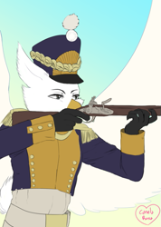 Size: 479x671 | Tagged: safe, artist:kitsunehino, imported from derpibooru, oc, oc only, oc:felix, avian, griffon, clothes, flintlock, gloves, infantry, musket, musketeer, napoleonic wars, simple background, solo, uniform, weapon, wings