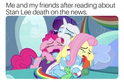 Size: 704x468 | Tagged: safe, edit, edited screencap, imported from derpibooru, screencap, fluttershy, pinkie pie, rainbow dash, rarity, tank, earth pony, pegasus, pony, unicorn, tanks for the memories, crying, female, image macro, mare, meme, sad, text