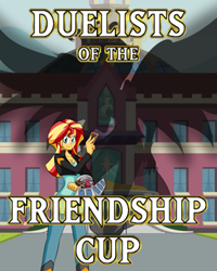 Size: 493x617 | Tagged: safe, artist:jake heritagu, edit, editor:drakeyc, imported from derpibooru, sunset shimmer, equestria girls, friendship games, canterlot high, cover art, daydream shimmer, duel disk, fanfic, shadow, trading card game, yu-gi-oh!