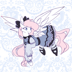 Size: 1012x1024 | Tagged: safe, artist:teapup, imported from derpibooru, oc, oc only, oc:teddy bear, pegasus, pony, aesthetic, aesthetics, blue, bow, classic lolita, clothes, cute, dress, fashion, flying, hair bow, heterochromia, lolita fashion, long mane, pink mane, solo