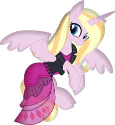 Size: 928x1005 | Tagged: safe, artist:galacticflashd, imported from derpibooru, oc, oc only, oc:ola tiger, alicorn, pony, alicorn oc, clothes, cute, dress, female, flying, mare, ocbetes, vest