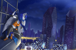 Size: 5000x3317 | Tagged: safe, artist:mintjuice, imported from derpibooru, oc, oc only, oc:frost winterblade, anthro, pegasus, anthro oc, city, cityscape, clothes, cloud, female, mare, night, parkour, runner, sitting, sky, skyscraper, solo, sporty style, stars, water, window, ych result