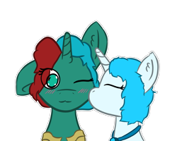 Size: 2700x2160 | Tagged: safe, artist:strella_, imported from derpibooru, oc, oc:mysty glimmer, oc:starmoon snowflake, 2 colors mane, amulet, blinking, blue mane, cheek kiss, clothes, green eyes, jewelry, kiss on the cheek, kissing, looking at you