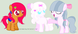 Size: 1024x456 | Tagged: safe, artist:xylenneisnotamazing, imported from derpibooru, oc, oc only, oc:charmie cupcake, oc:ice cream, oc:kawaii des, earth pony, pegasus, pony, colored wings, female, filly, simple background