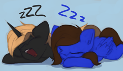 Size: 1634x943 | Tagged: safe, artist:marsminer, imported from derpibooru, oc, oc only, oc:tav, pegasus, pony, unicorn, blue background, duo, female, male, mare, open mouth, simple background, sleeping, stallion, zzz