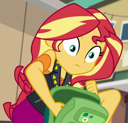 Size: 985x951 | Tagged: safe, imported from derpibooru, screencap, sunset shimmer, equestria girls, equestria girls series, forgotten friendship, backpack, cropped, female, out of context, solo, surprised