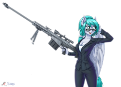 Size: 1200x868 | Tagged: safe, artist:skorpionletun, imported from derpibooru, oc, oc only, oc:sky fang, anthro, anthro oc, barrett m82, clothes, female, glasses, gun, military, no trigger discipline, signature, simple background, solo, suit, sunglasses, weapon, white background, ych result