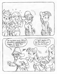 Size: 849x1100 | Tagged: safe, artist:circe, imported from derpibooru, applejack, rainbow dash, twilight sparkle, alicorn, anthro, unguligrade anthro, comic:soreloser, black and white, clothes, comic, grayscale, inspector jacques clouseau, monochrome, pleated skirt, skirt, traditional art, twilight sparkle (alicorn)