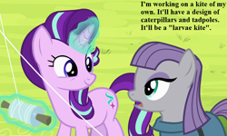 Size: 750x450 | Tagged: safe, edit, edited screencap, imported from derpibooru, screencap, maud pie, starlight glimmer, rock solid friendship, cropped, dialogue, kite, pun, that pony sure does love kites, that pony sure does love rocks