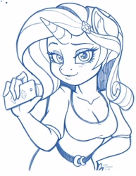 Size: 2550x3300 | Tagged: safe, artist:latecustomer, imported from derpibooru, rarity, anthro, unicorn, belt, breasts, cleavage, clothes, ear fluff, female, heart eyes, looking at you, mare, monochrome, phone, sketch, smiling, solo, wingding eyes