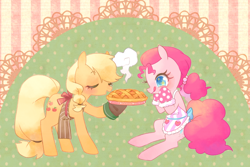 Size: 1280x853 | Tagged: safe, artist:kkmrarar, imported from derpibooru, applejack, pinkie pie, earth pony, pony, :p, apple, apple pie, applepie, apron, clothes, cute, eyes closed, female, food, holiday, hoof hold, lesbian, mare, oven mitts, pie, pun, shipping, silly, starry eyes, thanksgiving, tongue out, wingding eyes