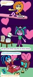 Size: 1423x3240 | Tagged: safe, artist:blackrhinoranger, imported from derpibooru, adagio dazzle, aria blaze, sonata dusk, equestria girls, animatronic, burger, chair, clothes, comic, dazzle-eds, dishes, doll, ed edd n eddy, food, hamburger, heart, honor thy ed, iron, leni loud, shirt, skirt, sock, sonataco, speech bubble, spider-man, t-shirt, table, taco, television, the dazzlings, the incredibles, the loud house, toy