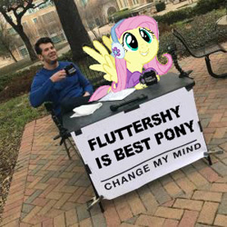 Size: 300x300 | Tagged: safe, artist:joeydr, derpibooru exclusive, edit, editor:joeydr, imported from derpibooru, fluttershy, human, pegasus, best pony, change my mind, earmuffs, female, grin, irl, irl human, male, mare, meme, photo, smiling, spread wings, squee, text, wings